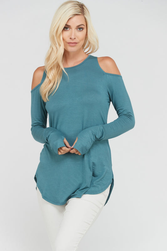 Tops, Cold Shoulder Long Sleeve w/Round Hem