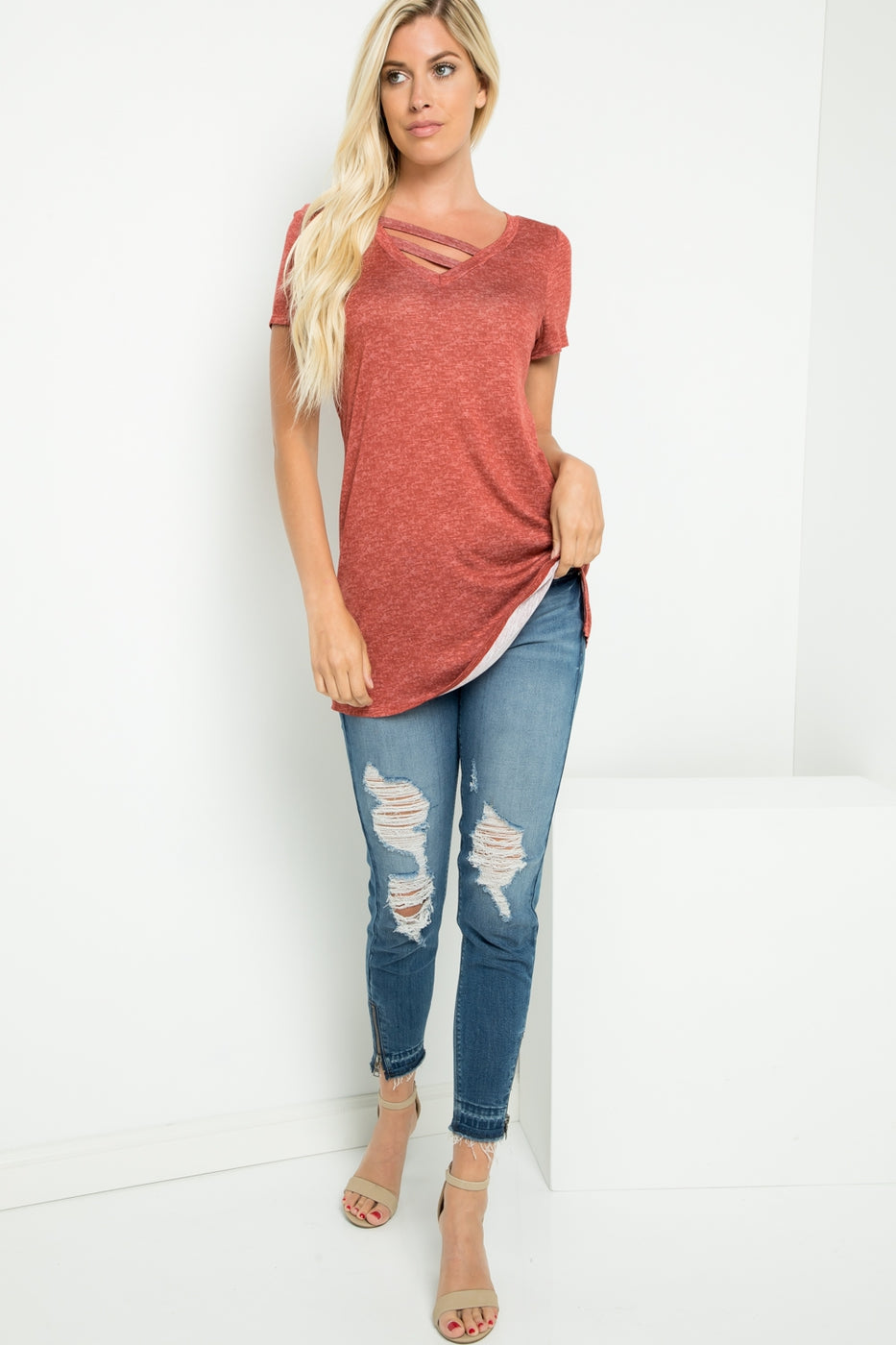 Tops, Short Sleeve Slice V-Neck