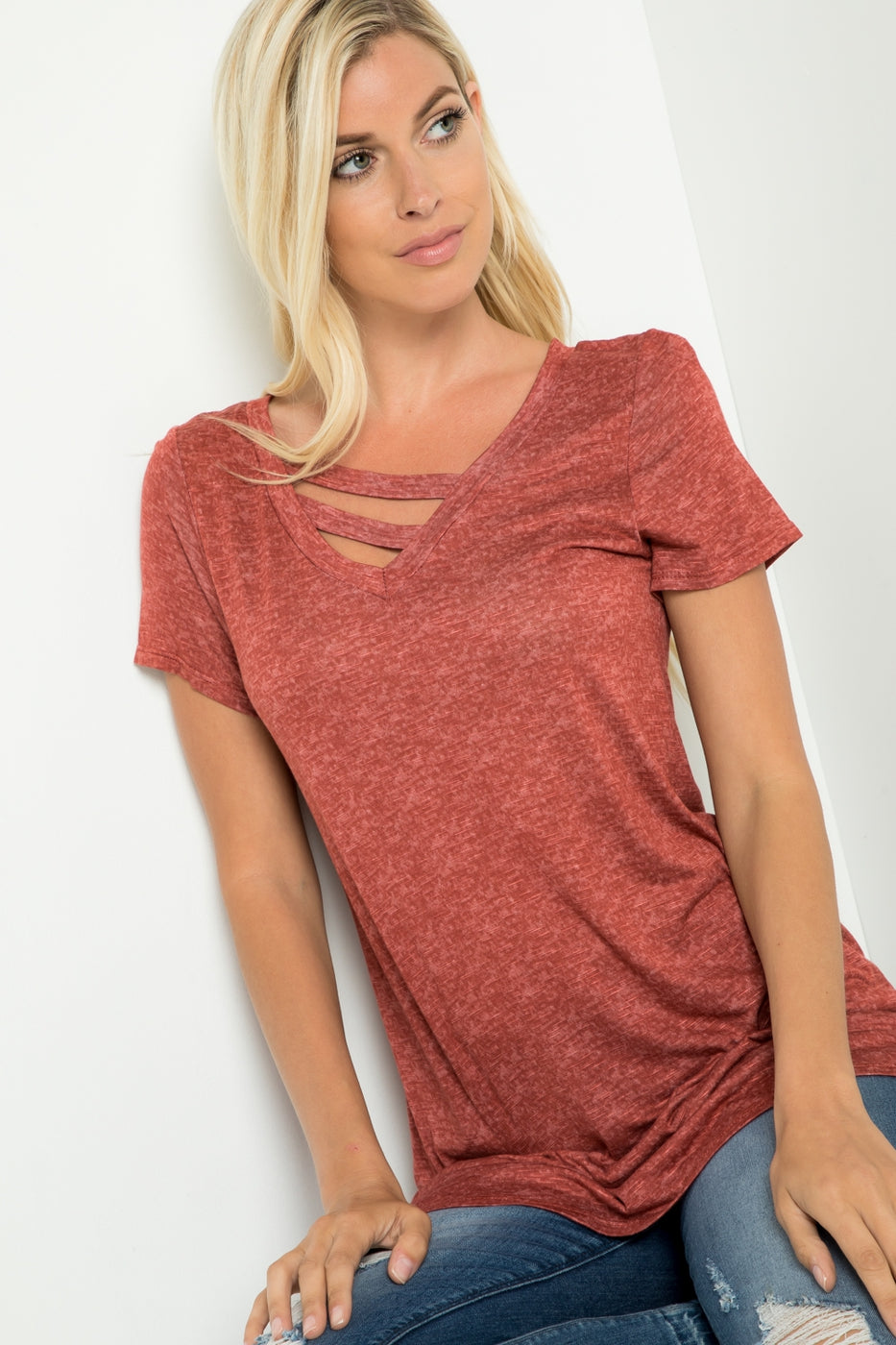 Tops, Short Sleeve Slice V-Neck