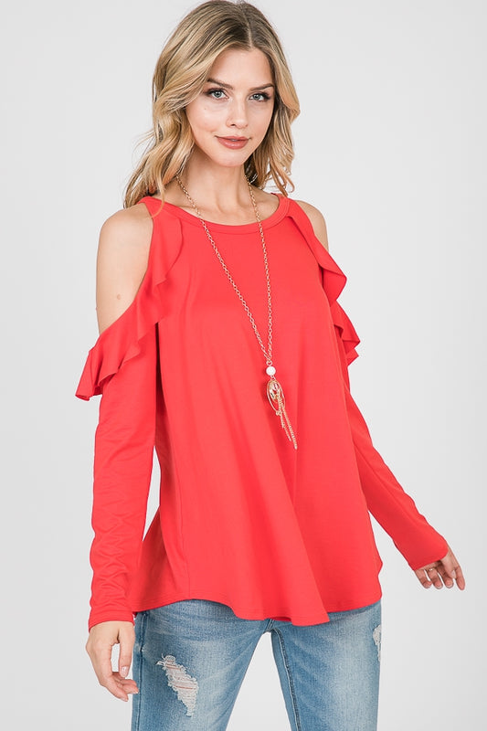 Tops, Long Sleeve Ruffle Cold Shoulder Top