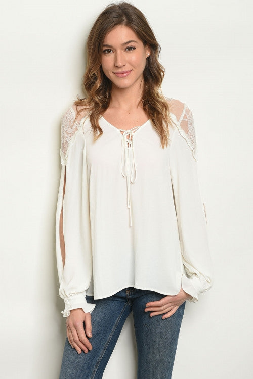Tops, Long Puff Sleeve Lace Blouse