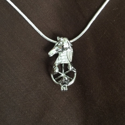 Horse Head Single-Pearl Cage Pendant (Sterling Silver)