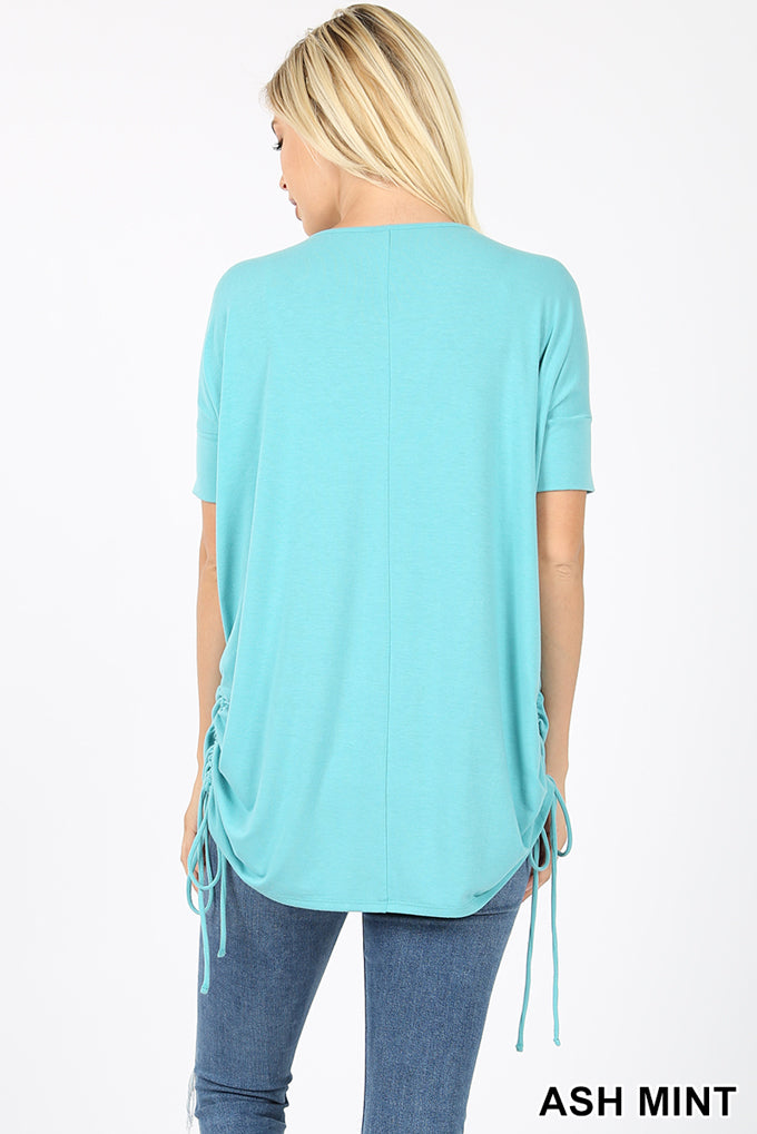 Top, Short Sleeve Round Neck Side Cinched Top