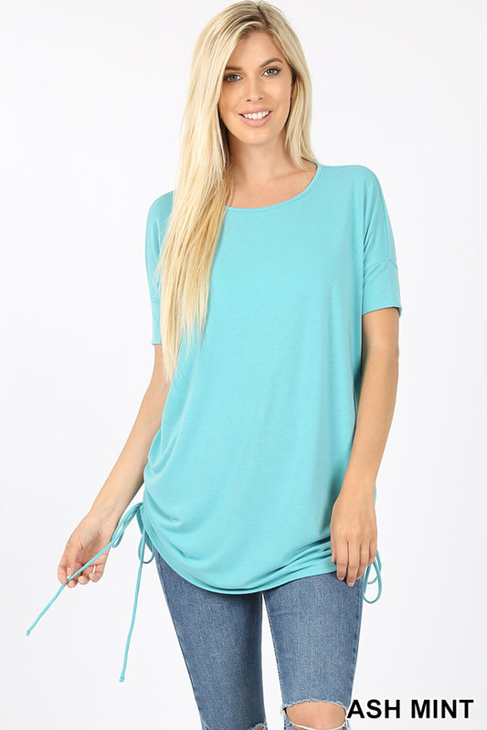 Top, Short Sleeve Round Neck Side Cinched Top