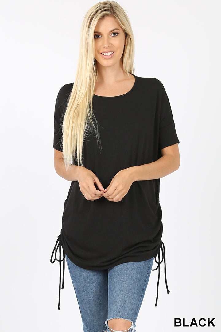 Top, Short Sleeve Round Neck Side Cinched Top