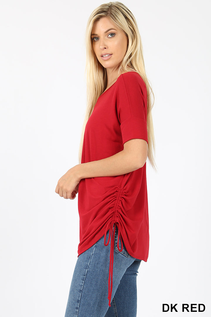 Top, Short Sleeve Round Neck Side Cinched Top