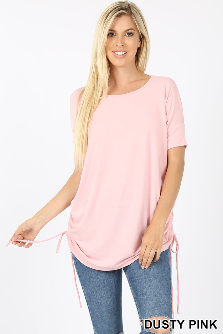 Top, Short Sleeve Round Neck Side Cinched Top