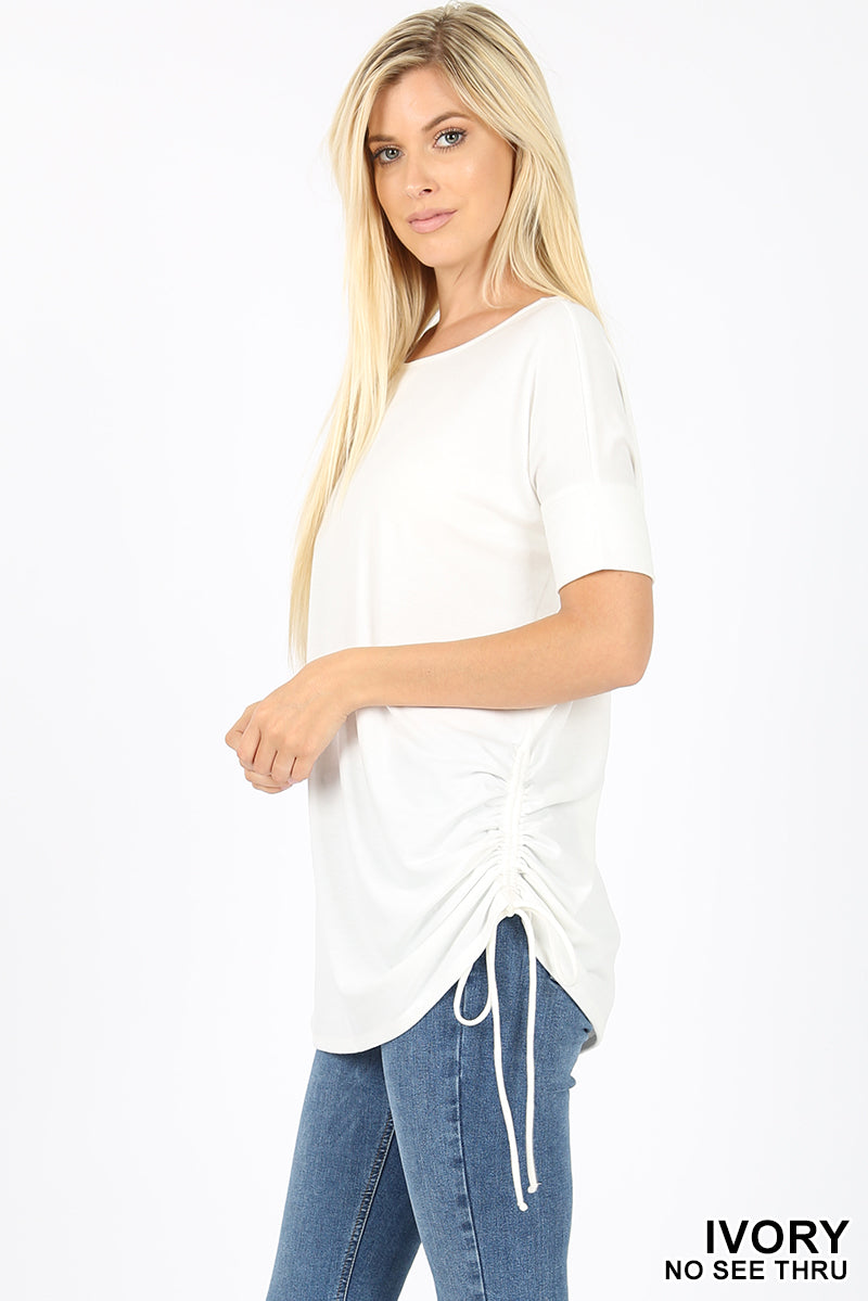 Top, Short Sleeve Round Neck Side Cinched Top