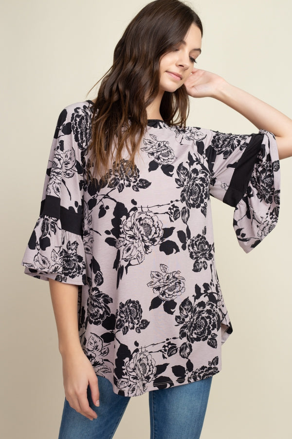 Shirts, Floral Printed Fashion Top with Bell Sleeve Detail