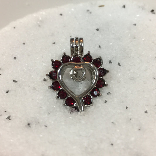 Ruby Gem Heart Single-Pearl Cage Pendant (Rhodium Plated)