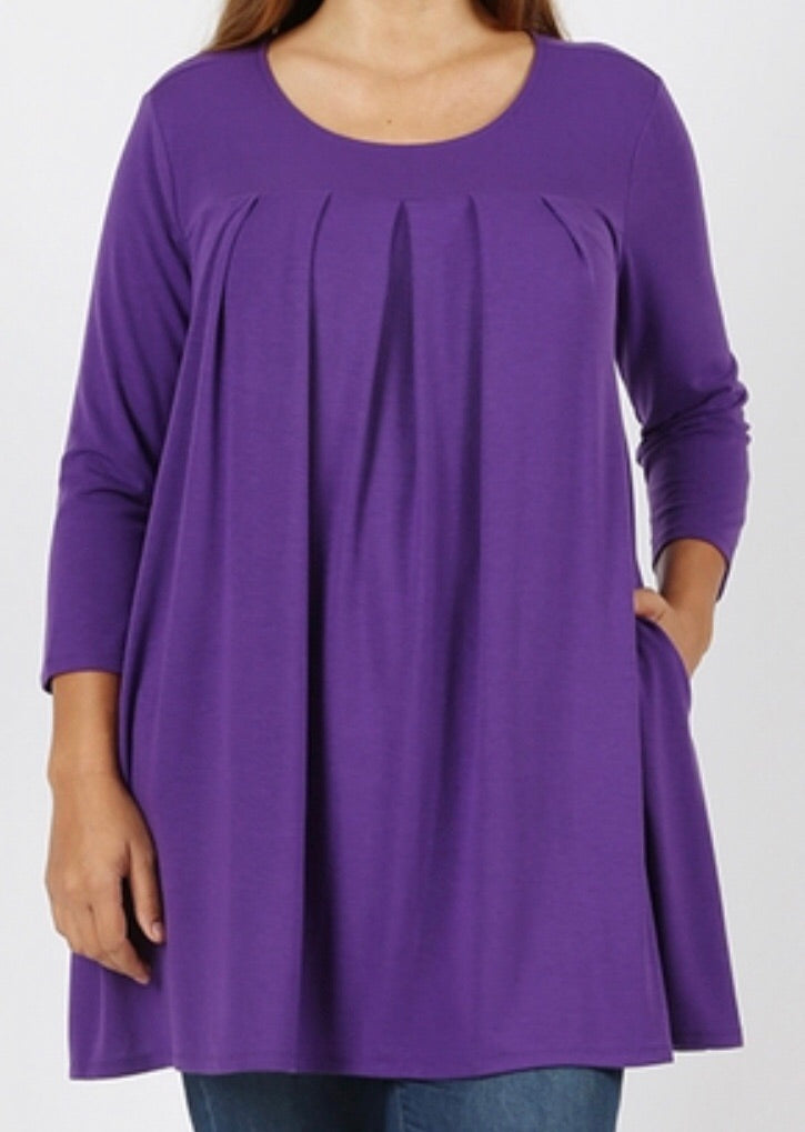Tops, Long Sleeve Round Neck Pleated Top