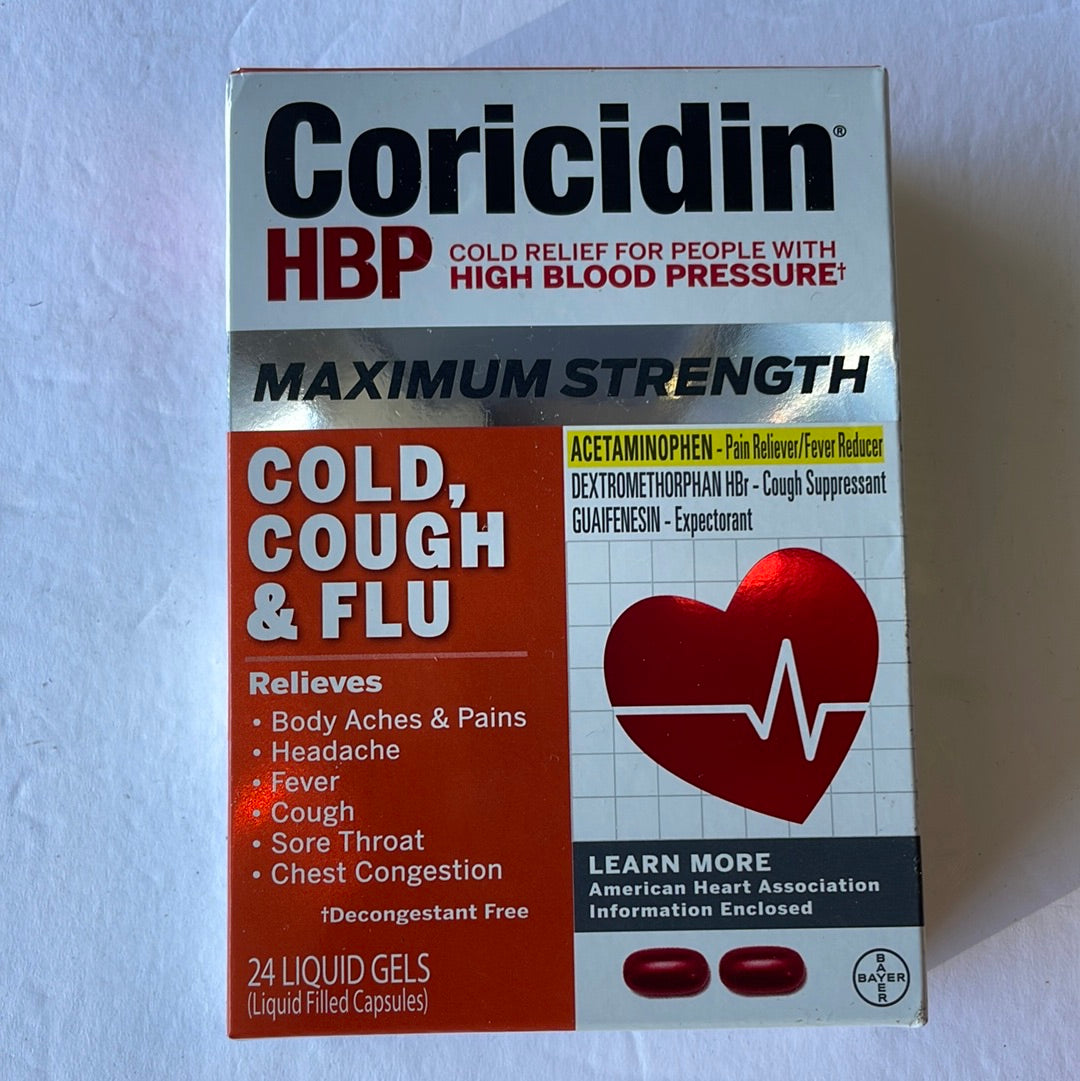 Coricidin HBP Maximum Strength Cold, Cough, and Flu Liquid Gels, 24 ct
