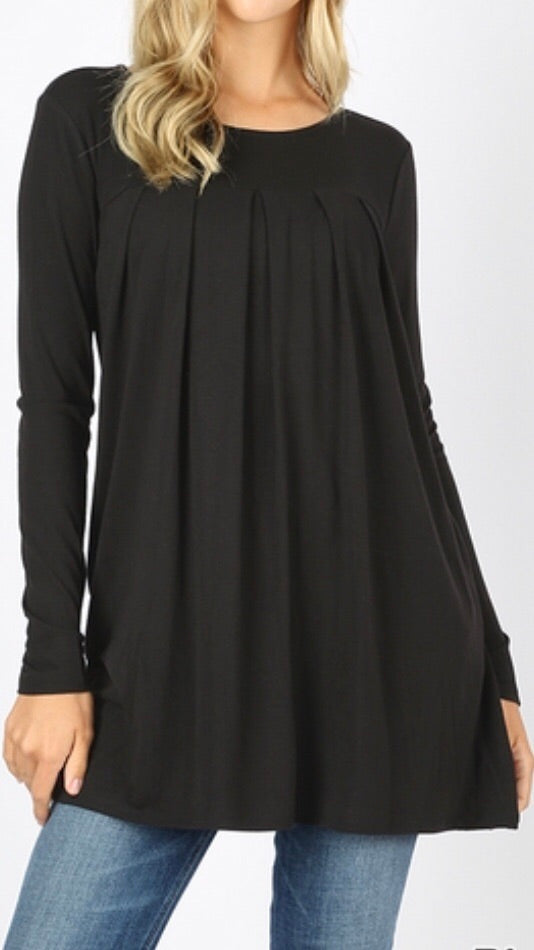 Tops, Long Sleeve Round Neck Pleated Top