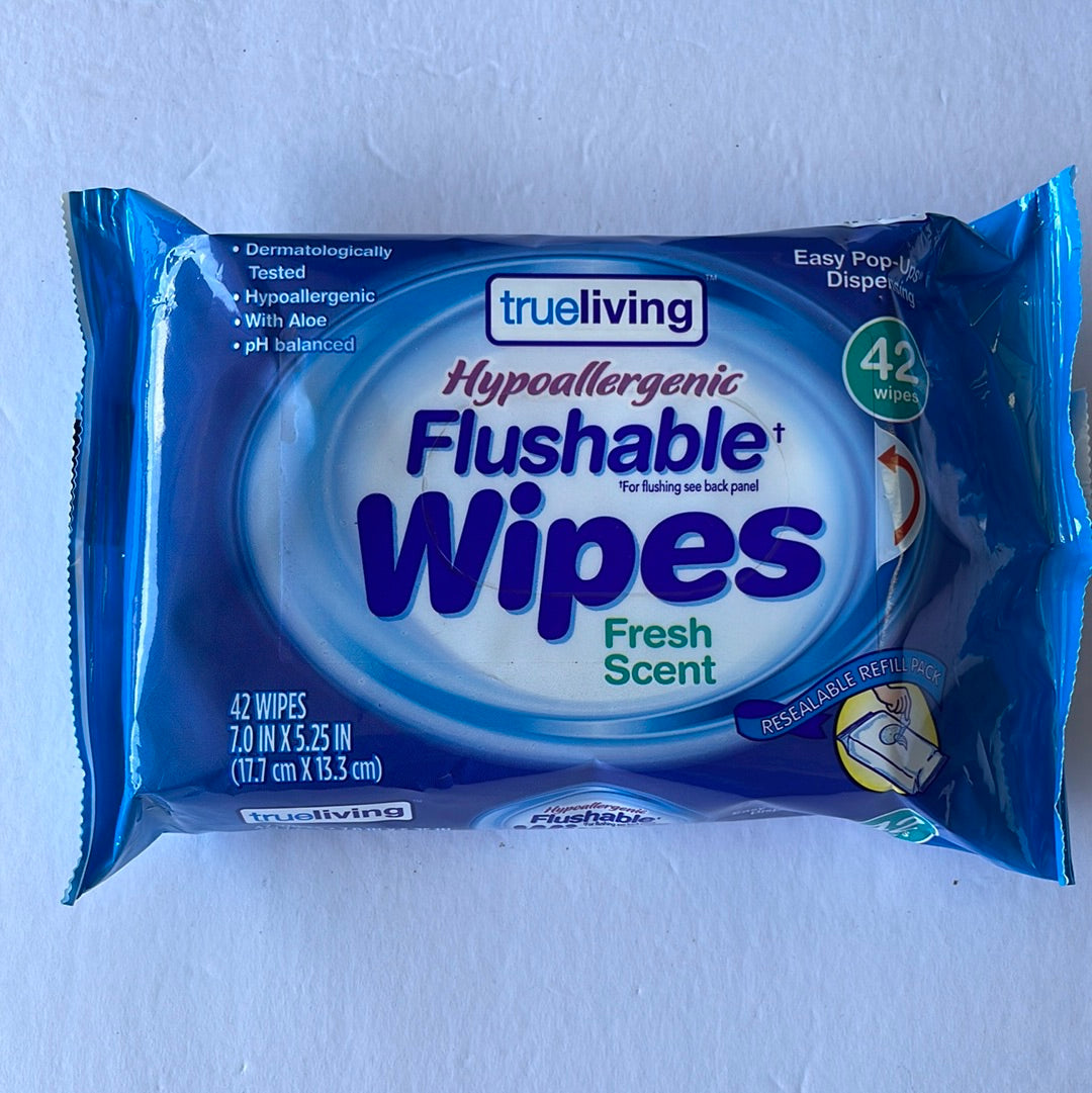 True Living Hypoallergenic Flushable Wipes, 42 Ct
