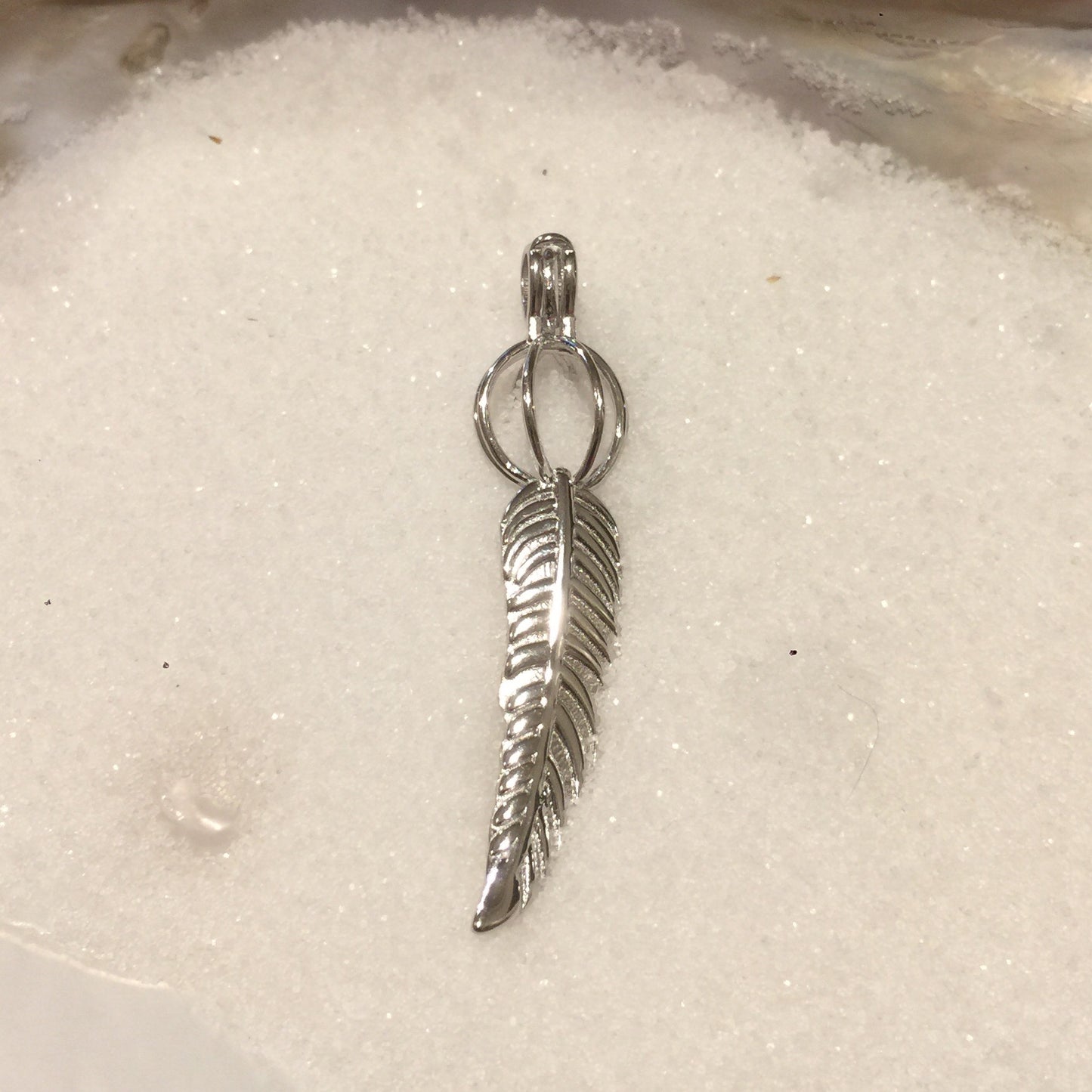 Feather Single Pearl Cage Pendant (Sterling Silver)