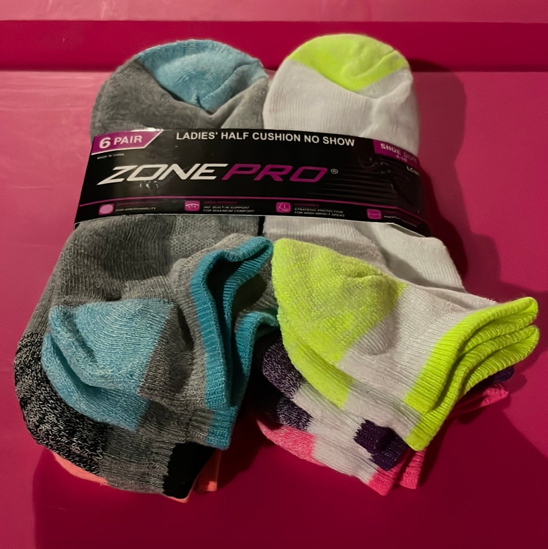 Women’s, Zone Pro Half Cushion No Show Socks, 6 Pack
