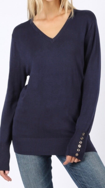 Tops, Long Sleeve V-Neck Sweater w/Golden Button Detail