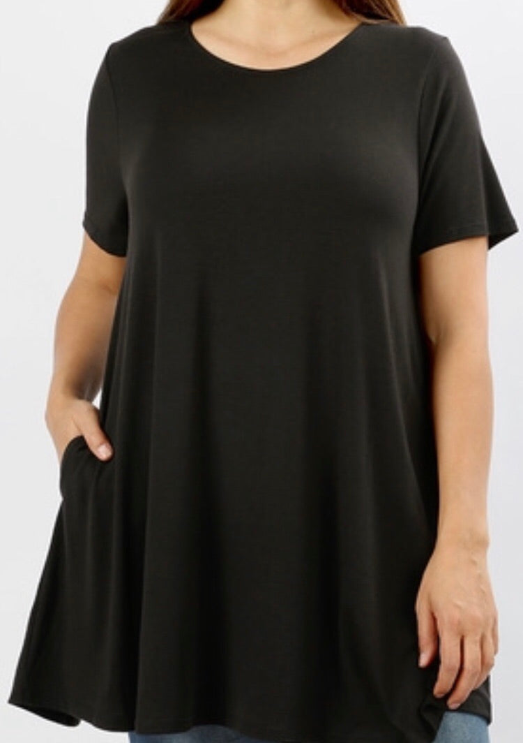 Tops, Straight Hem Round Neck Tunic w/Pockets