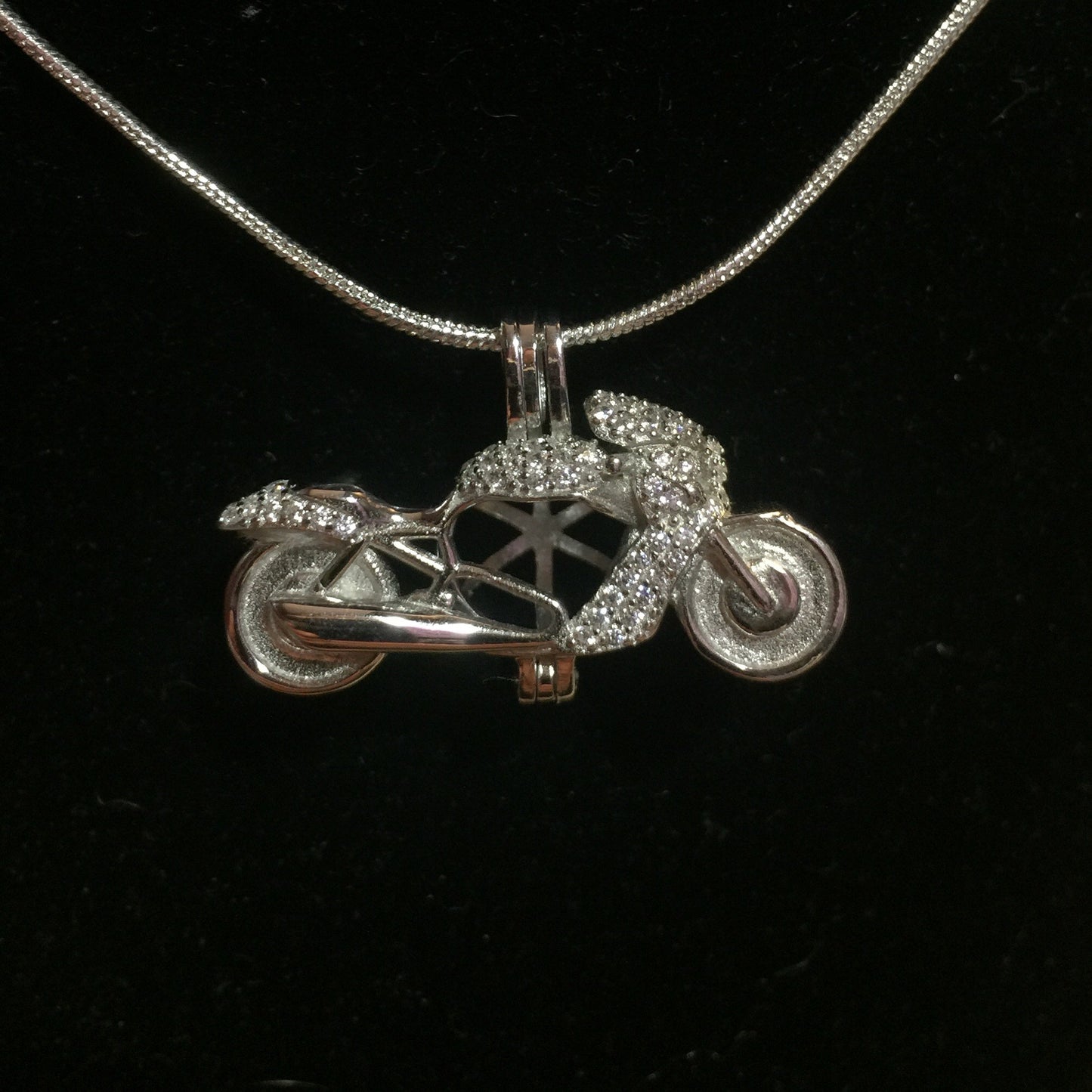 Motorcycle Single Pearl Cage Pendant (Sterling Silver)
